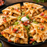 Quesadilla stack with salsa and crema