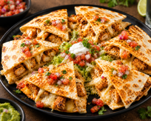 Quesadilla stack with salsa and crema